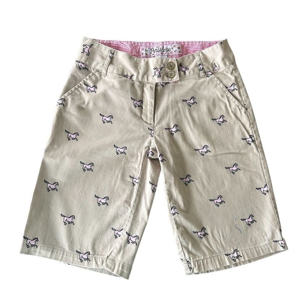 Periscope Girls Size 10 Brown Pink Chino Shorts Horse Print Equestrian Y2K VTG